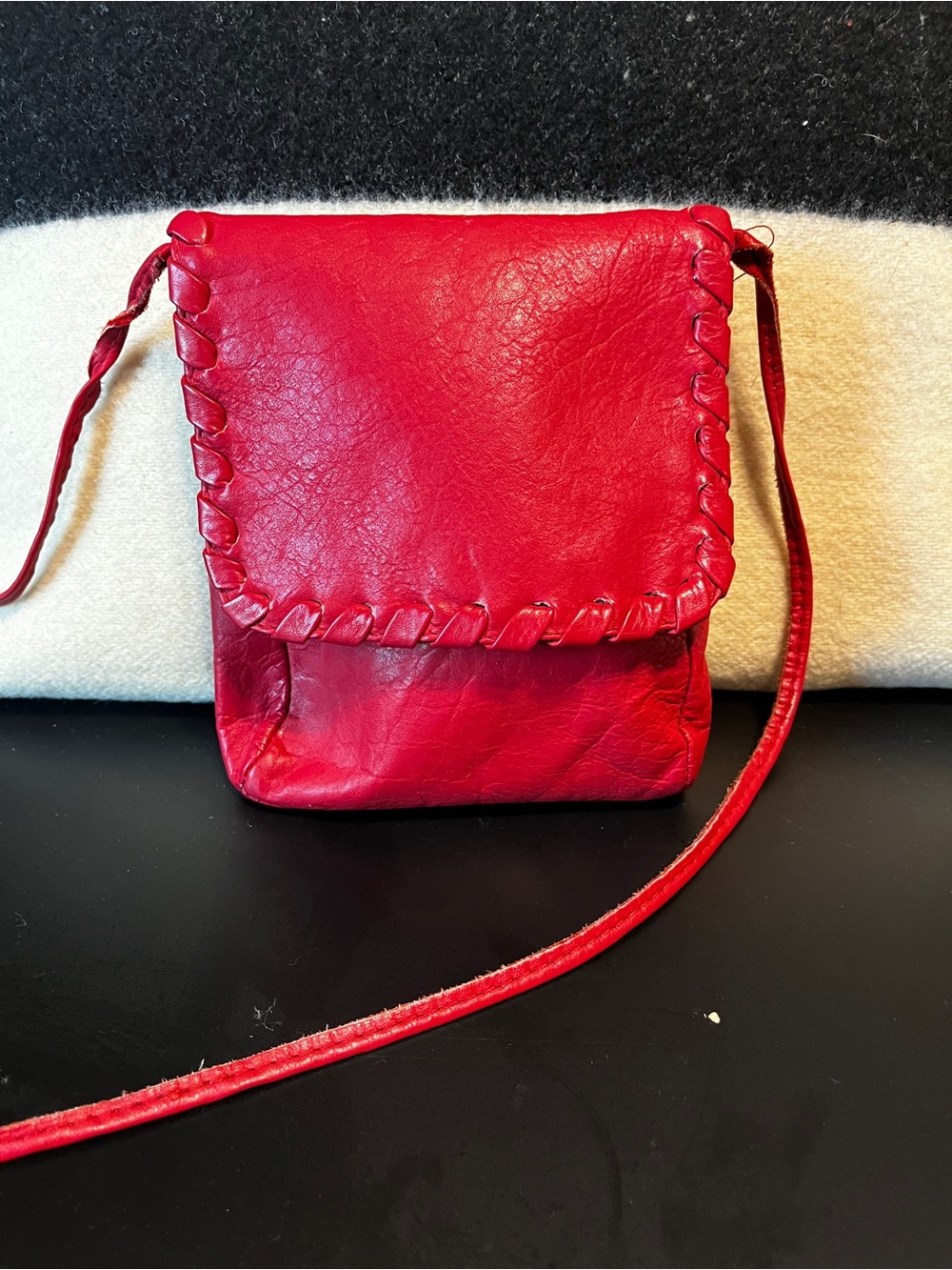 Red Leather Crossbody Bag with Whipstitch Trim